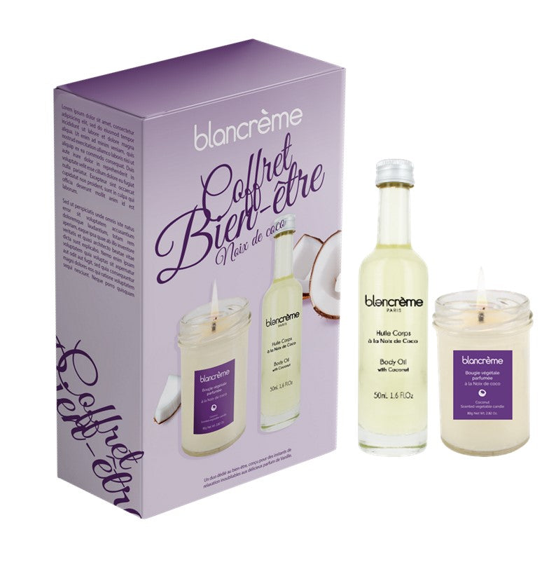 Coffret vue de face avec un fond blanc et les produits (bougies et huile) sur le côté