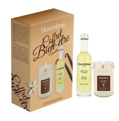 Packshot vu de face avec un fond blanc et l'huile et la bougie vu de face également
