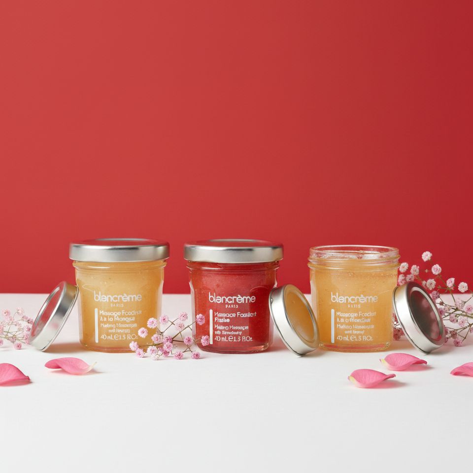 Message fondant miel fraise et mangue vu de face dans un univers de Saint Valentin 